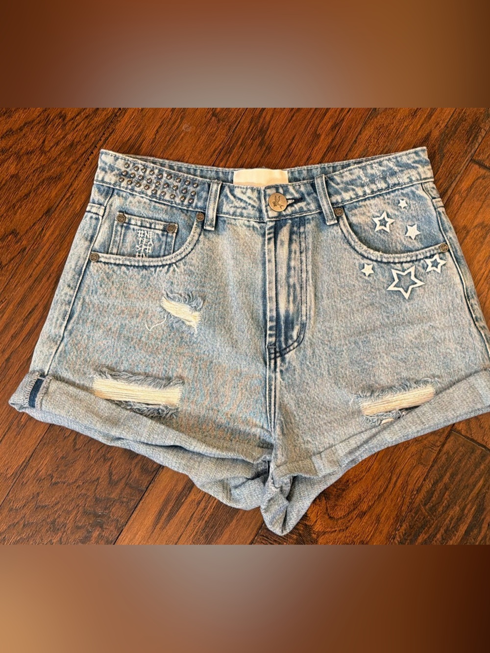 One Teaspoon Light Blue Star Embroidered Distressed Denim Shorts